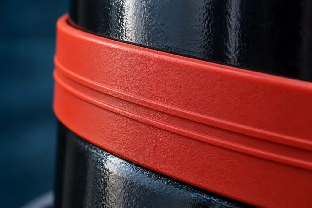 Macro view of a 30 mm silicone rubber crankcase heater belt pressed flat against a curved painted compressor shell, showing the belt’s grooved face, rounded edge and full surface contact