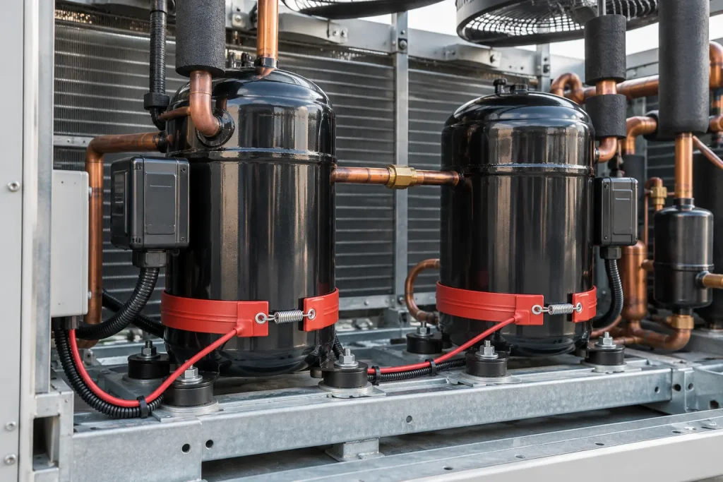 Two silicone rubber crankcase heater belts fitted on the lower shells of tandem scroll compressors in a commercial condensing unit, each belt sized to its own compressor shell