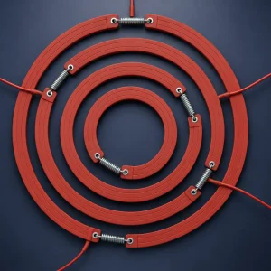 Five red 30 mm silicone rubber scroll compressor crankcase heater belts in graded lengths from 430 to 1,000 mm, nested concentrically with tension springs, built for 24–265 V supplies