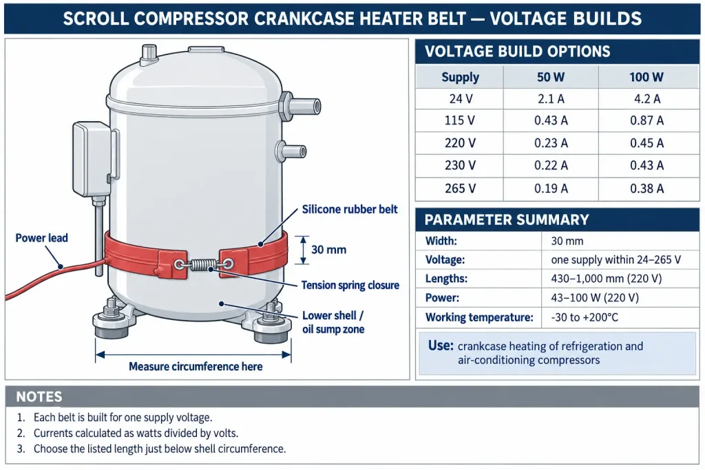 Datasheet diagram of a 30 mm silicone rubber scroll compressor crankcase heater belt showing the belt fitted on a cylindrical shell, voltage build options from 24 V to 265 V and current draw at 50 W and 100 W