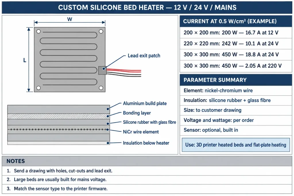 Datasheet diagram of a custom silicone bed heater showing plan view with mounting holes, layered cross-section under an aluminium build plate, and current draw by bed size