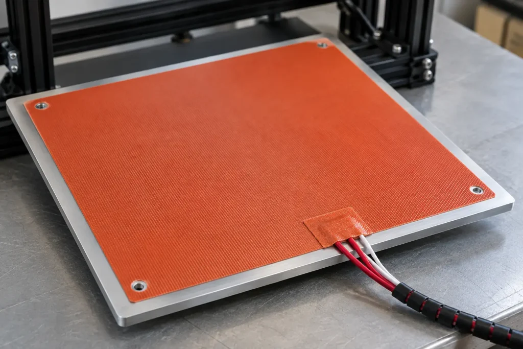 Silicone bed heater bonded to the underside of an aluminium 3D printer build plate, with its leads routed to the printer frame