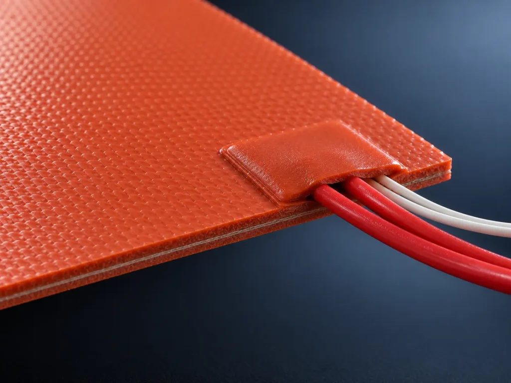 Macro close-up of a silicone bed heater showing its textured silicone surface, lead exit patch and heater and sensor leads