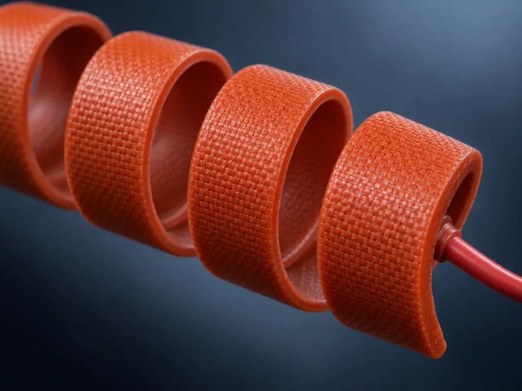 Macro close-up of a spiral silicone rubber heating tape showing the woven surface texture, coil edges and the red power lead exiting the end of the spiral