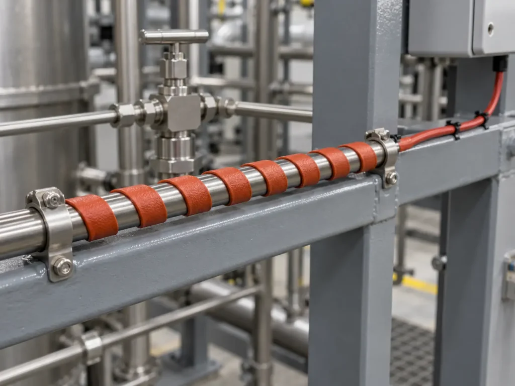 Spiral silicone rubber heat trace wrapped around a small-bore stainless steel instrument tube on an industrial panel, with its power lead routed along the frame